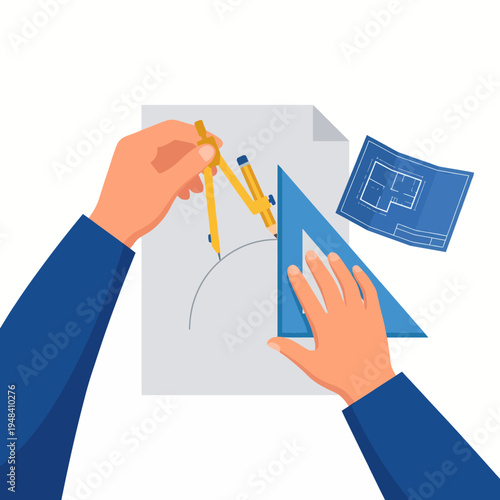 An illustration of hands drafting an architectural design using tools and blueprints, highlighting creativity, precision, and the process of designing spaces.