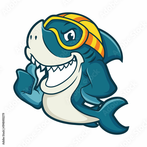 The cartoon shark character, decked out in swim gear, embodies a playful personality, making it suitable for children's products, sports brands, or entertainment themes.
