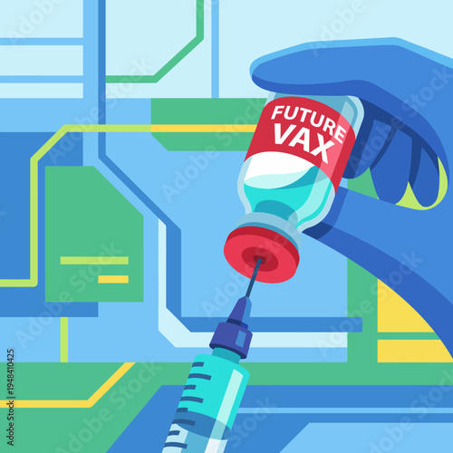 An illustration showing a hand holding a vial labeled 'Future VAX' ready for injection, highlighting the importance of vaccination in a modern medical context.