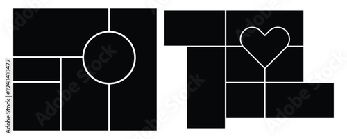 A set of square, circle and heart photo collage frame with template. An empty square, circle and Heart shape vector design with minimal grid.