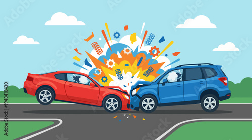 A vibrant depiction of a car crash showing two vehicles colliding with abstract explosion graphics representing impact, chaos, and urgency in a dynamic setting.