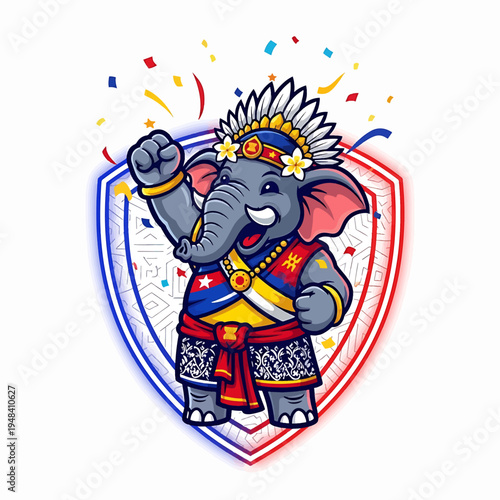 Elephant mascot in ceremonial attire with shield