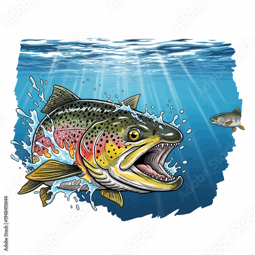 Rainbow trout fish jumping out of water with water splash vector illustration