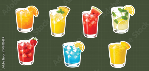 Retro vintage pop art style Collage of seven colorful refreshing beverages in glass tumblers with ice and fruit garnishes on a dark green background with a grid pattern