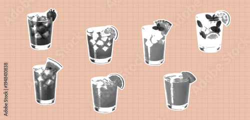 Retro vintage pop art style Collage of seven refreshing beverages in glass tumblers with ice and fruit garnishes on a light brown background with a grid pattern