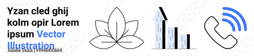 Business growth, communication, corporate identity, wellbeing, technology, minimalism. phone symbol, bar chart and simple leaf illustration. Business growth and communication theme concept