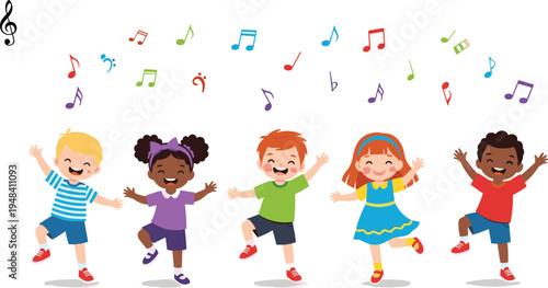 Diverse group of happy cartoon children dancing and singing with colorful music notes, kids musical education vector illustration, white background.