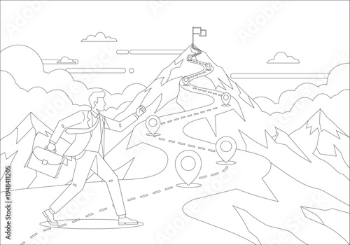 Business success concept illustration showing a businessman walking on a mountain path toward the goal flag. The route includes location markers symbolizing milestones, strategy, planning and achievem