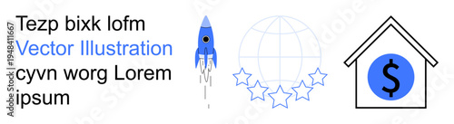 Business growth, global ratings, financial investments, real estate, entrepreneurship, market strategy. Rocket launching, star-rated globe house with dollar. Business growth and global ratings