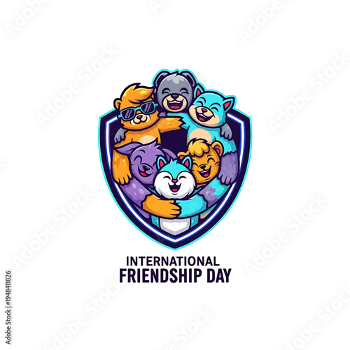 International Friendship Day with Hugging Cats and Animals Shield Emblem