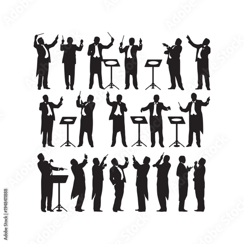 Orchestra conductor silhouettes set with music stands.