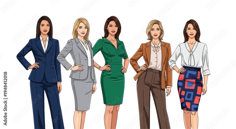 Fototapeta premium Diverse Group of Professional Women in Business Attire Standing Confidently - Businesswomen, Corporate Fashion, Teamwork, Success, Diversity, Modern Office Style
