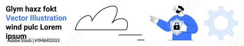 Cloud computing, data security, cybersecurity, tech solutions, online storage, secure cloud. Gear icon and person in blue pointing to cloud shape with shield and lock. Cloud computing and data