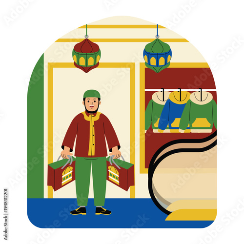 Muslim Man Shopping for Eid in Traditional Attire