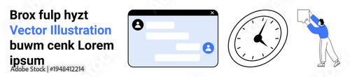 Communication, time management, advocacy, messaging apps, productivity, public speaking. Chat window interface, a clock and a figure holding a sign. Communication and time management concepts