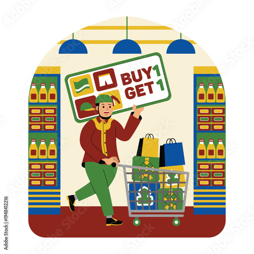 Man pushing shopping cart with 'Buy 1 Get 1' sign in supermarket