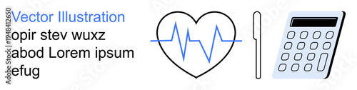 Health monitoring, financial planning, business analytics, medical insurance, healthcare costs, education. A heart with heartbeat line, calculator and pen. Health monitoring and financial planning