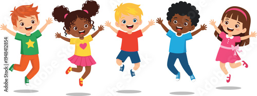 Diverse group of happy multiethnic children jumping for joy, cartoon kids celebrating together, vector illustration isolated on white background, playful.