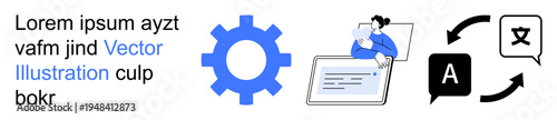 Language services, online communication, translation tools, international accessibility, global interaction, digital platforms. Gear icon, user with text translation icons. Language services