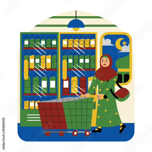 Muslim woman shopping at a supermarket with a cart at night