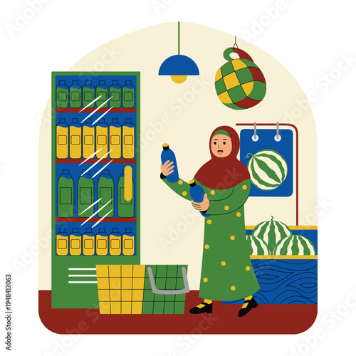 Muslim Woman Shopping for Groceries in Supermarket Aisle
