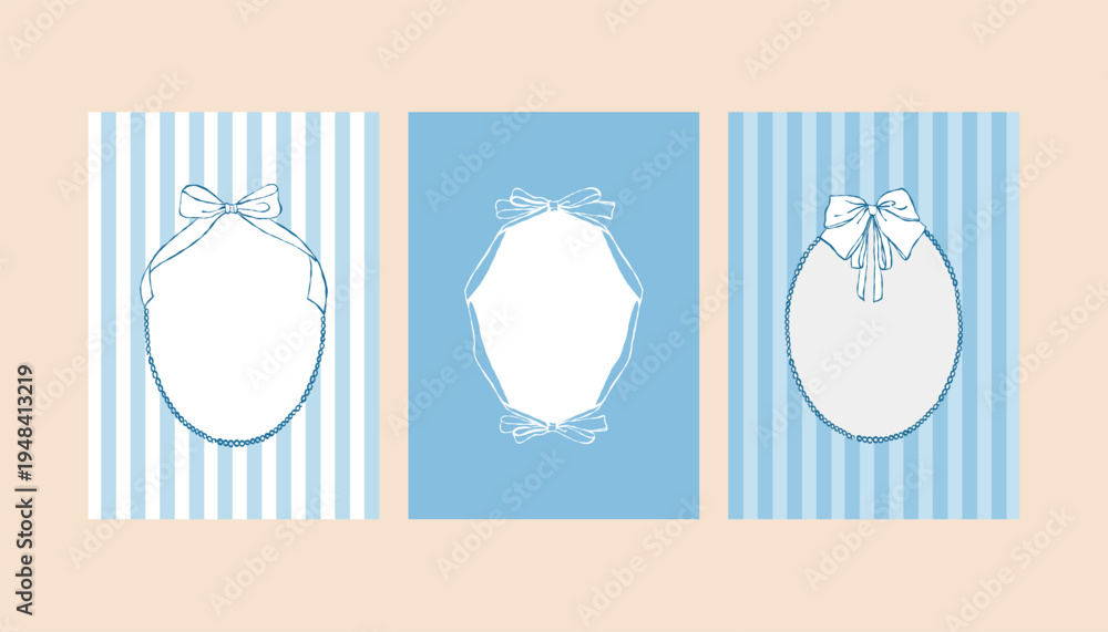 Obraz premium A set of whimsical blue postcard templates with hand-drawn frames. Invitations and posters feature vintage ribbons, bows, pearls, and stripes. Templates for wedding invitations, greeting cards, or
