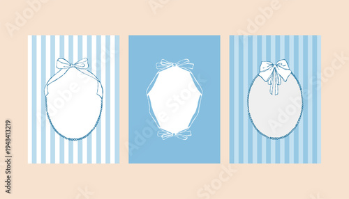 A set of whimsical blue postcard templates with hand-drawn frames. Invitations and posters feature vintage ribbons, bows, pearls, and stripes. Templates for wedding invitations, greeting cards, or