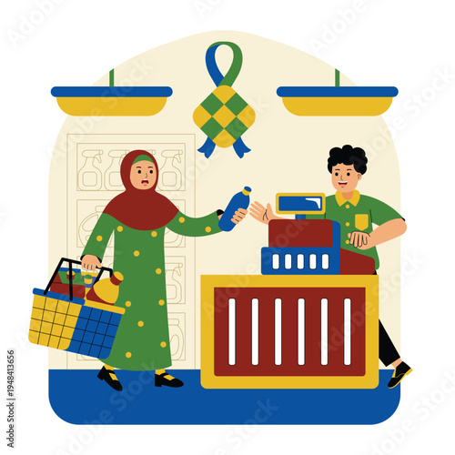 Muslim Woman Paying for Groceries at Supermarket Checkout During Eid
