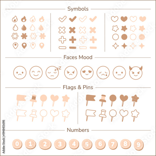 Planner Tracker Icons and Symbols, Mood Faces, Flags, and Numbers for Bullet Journal Pastel Peach