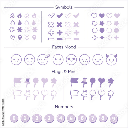 Planner Tracker Icons and Symbols, Mood Faces, Flags, and Numbers for Bullet Journal Pastel Purple