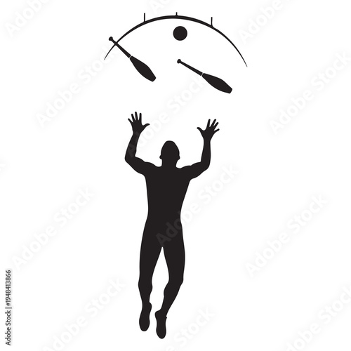 Silhouette of a person juggling clubs in a dramatic pose against a white background