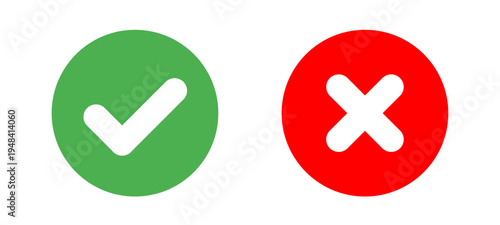 Set of confirmation and cancellation icons. A green circle with a checkmark symbolizing approval and success, and a red circle with a cross representing rejection or error. Clean flat vector design