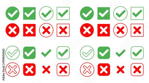Set of confirmation and cancellation icons. A green circle with a checkmark symbolizing approval and success, and a red circle with a cross representing rejection or error. Clean flat vector design