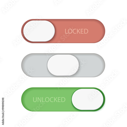 Modern realistic toggle switche buttons in locked, neutral and unlocked states. User interface control elements for mobile apps, web design