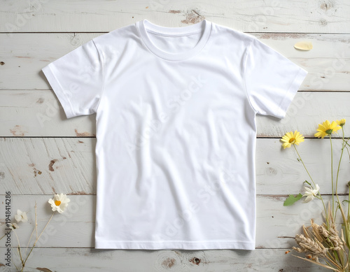 Blank white t-shirt flat lay on weathered wood with floral accents