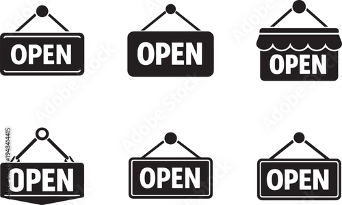 Simple open sign welcome shop icon set for store entrance, retail business label and hanging sign.