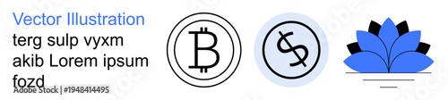 Cryptocurrency, blockchain technology, branding, logos, finance, and wellness . Bitcoin and dollar symbols alongside a lotus design. Cryptocurrency and branding concept