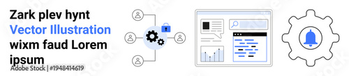 Data security, workflow solutions, system development, online services, digital analysis, communication. A diagram with connected people, a lock graphs and a notification bell. Data security