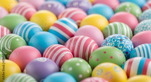 Vibrant easter eggs in various colors and patterns