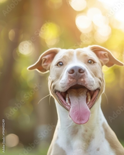 Happy Pit Bull Dog Smiling with Tongue Out in Sunny Outdoor Setting