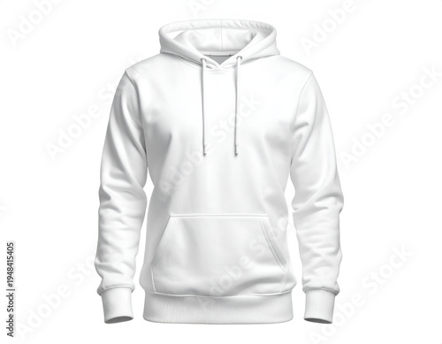Simple white hooded sweatshirt with pocket and drawstrings