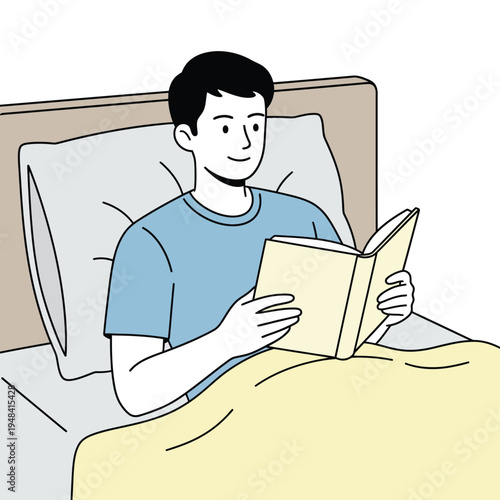 Minimal illustration of a man reading a book in bed, representing relaxation, bedtime routine, and calm lifestyle.