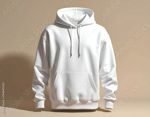 Clean white hooded sweatshirt with front pocket and drawstrings
