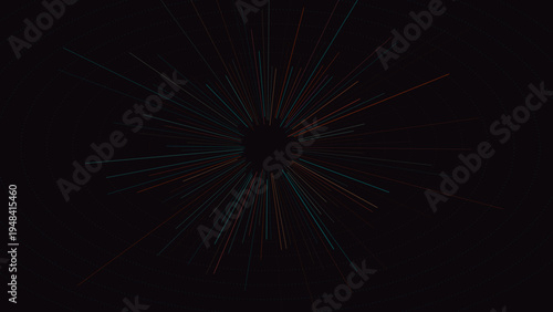 Abstract radial burst of colorful thin lines emanating from a dark center on a black background