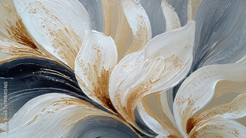 Abstract tropical gray, white and gold painting
