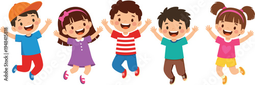 Group of happy diverse cartoon children jumping for joy, celebrating together with arms raised, kids friendship vector illustration, white background.