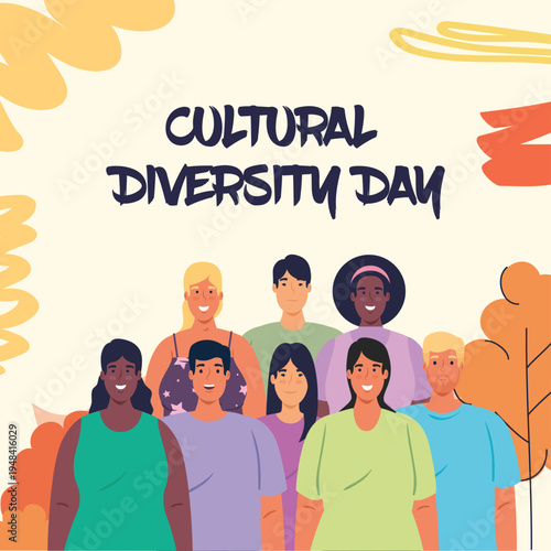 Cultural Diversity Day vector illustration featuring a group of diverse multi-ethnic people standing together, celebrating unity and inclusion with autumn leaves background