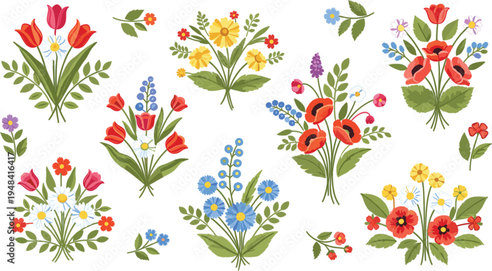 Obraz premium Colorful Wildflower Bouquet Collection Vector Set with Tulips Poppies Daisies Botanical Floral Arrangements Spring Garden Flowers Illustration