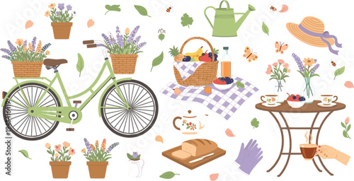 Cozy Cottagecore Lifestyle Vector Set with Bicycle Lavender Picnic Tea Garden Flowers Romantic Countryside Aesthetic Illustration Collection