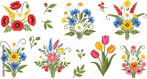 Colorful Wildflower Bouquet Vector Set with Tulips Poppies Daisies Cornflowers Botanical Floral Arrangements Spring Garden Flowers Illustration